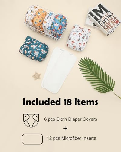 Image of ALVABABY Baby Cloth Diapers 6 Pack with 12 Inserts Cloth Diaper Covers Adjustable Washable Reusable for Baby Girls and Boys