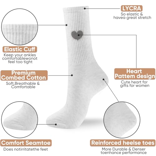 Image of Corlap Women's Cotton Crew Calf Socks - 5 Pairs Ankle High Dress Casual Socks, Fun Cute Heart Gifts for Mom Mother
