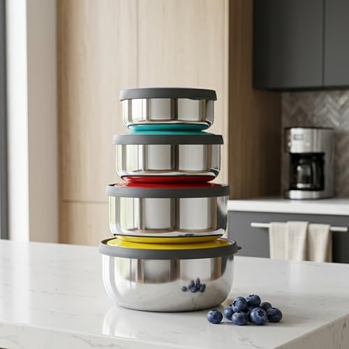 Image of Swiss Airtight Stainless Steel Bowl Set, 4 Piece, with Colourful Lids, 12, 14, 16, 18 cm