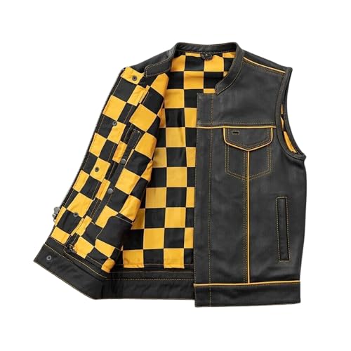 MEN'S LEATHER VEST WITH YELLOW & BLACK CHECKER – MOTORCYCLE STYLE CONCEALED CARRY WAISTCOAT