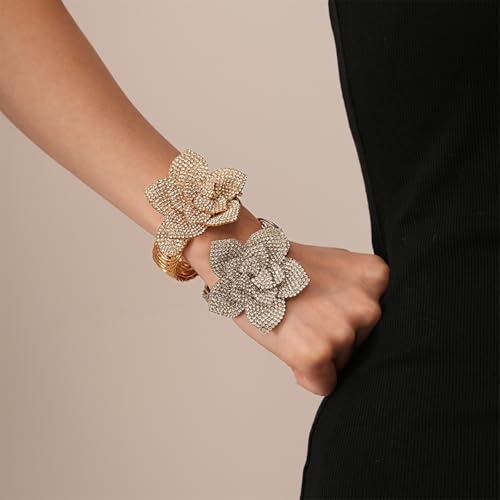 MIFYNN Rhinestone Flower Bracelets for Women Sparkly Crystal Elastic Cuff Bangle Elegant Crystal Flower Bangle Prom Party Wedding Jewelry for Women3