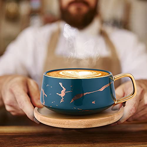 Juego de Tazas de café de Taza de té de cerámica de 10 oz con platillo de Madera Juego de platillo de Taza de Mano… - Imagen 8