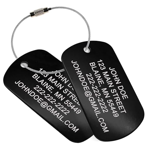 High Visibility Durable Anodized Aluminum Luggage Tags - 2 Pack, Customizable Travel ID Tag for Luggage, Golf Bags & More - Personalized Imprinted ID Tags (Black)