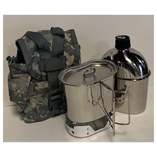 G.I. Style 1 qt. Stainless Steel Canteen with Cup and Vented Lid with New (ALUMINUM) Stove Foldable, And Surplus G.I. Issue Cover (ACU MOLLE II)