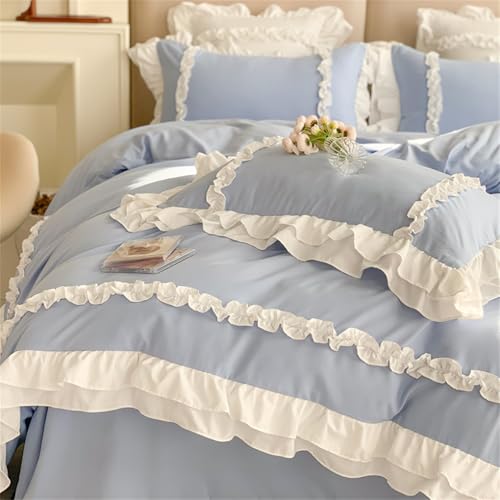 Housse couette Koudi bleu volant full, shabby chic campagnard