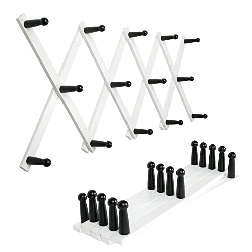 SKOLOO Hat Rack for Wall with 14 Hooks, Pack of 2, Solid Wooden, Modern, Expandable Coat Rack Wall Mount for Coats, Hats, Bags, Baseball Caps, Black on White