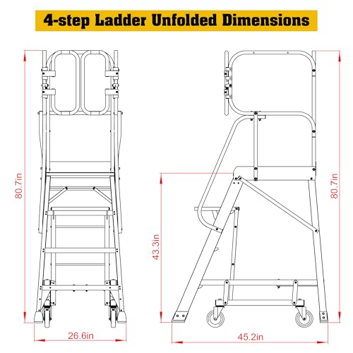 Image of 4 Step Ladder Aluminum Rolling Platform Ladders with 360 Guardrail System, Industrial Safety Non-Slip Rolling Ladder with Wheels for Warehouse, Garage, 375 lbs Capacity