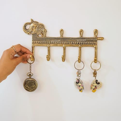 Image of BEHOMA Elephant 5 Hooks Key Holder for Wall, Aluminium, Antique Gold | Decorative Wall Mounted Key Hanger for Home Entryway, Living Room, Office, Durable Heavy Duty Key Organizer