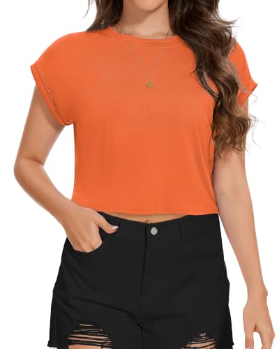 Image of Womens Crop Tops Summer Roll Cap Sleeve Cropped Tshirt Loose Fit Basic Tees