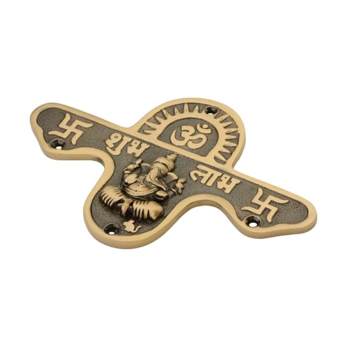 Image of DEVDECOR, Brass Shubh Labh Wall Hanging with Lord Ganesha Idol - 6.4 inch Decorative Hindu Door /Entrance Plaque with Om & Swastik Symbols for Home Temple & Vastu