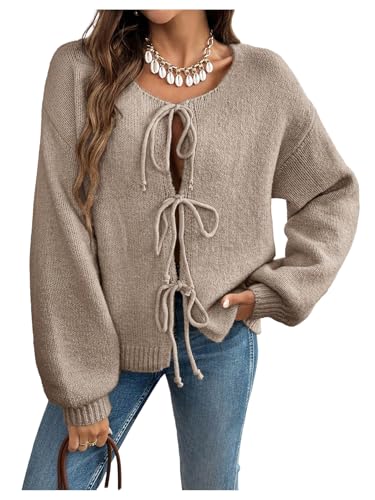WDIRARA Women's Tie Front Crewneck Knit Cardigan Long Sleeve Drop Shoulder Sweater