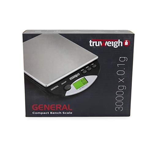 Truweigh General Compact Bench Scale - (3000g X 0.1g - Black) - Digital Kitchen Scale - Shipping Scale - Large Kitchen Scale - Digital Postal Scale - Large Food Scale - Professional Digital Scale