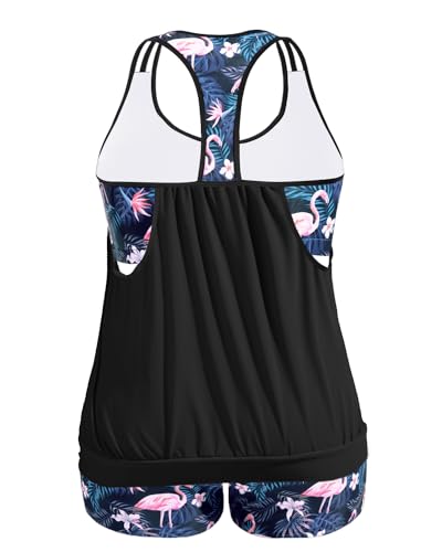 Image of Womens Plus Size Tankini Swimsuit Two Piece Tummy Control Bathing Suit | Blouson Racerback Tankini Top with Shorts, Double Up Design, Removable Pad