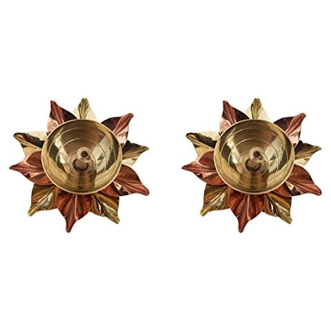 athizay Brass Diyas Pack of 2 for Pooja Virgin Brass Indian Diya Set Oil lamp Sets for Gifting Home Decor Lotus Vilakku (Kamaldeep Set) Cover