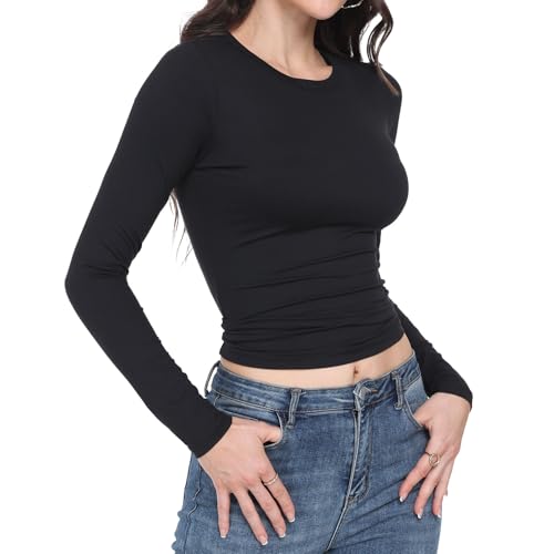 TNNZEET Women's Long Sleeve Crew Neck Slim Fit Shirts - Stretchy Basic Tee Tops for Workout Going Out Y2K Fall Fashion 2025
