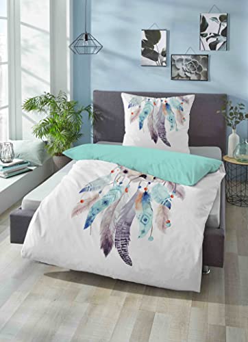 biberna 0044501 Linon-Bettwäsche TRAUMFÄNGER ciel 1x 155x220 cm + 1x 80x80 cm