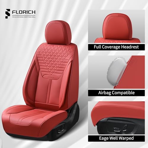Image of FLORICH Car Seat Covers for Front Seats, Universal Seat Cushion 2 Seats, Car Seat Protector Waterproof, Premium Leather Automotive Seat Covers for Most Cars, Sedans, SUVs, and Trucks-Red