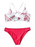 SweatyRocks Women's Sexy Bathing Suit Floral Print Cross Back Bikini Set Swimsuits White Hot Pink Medium