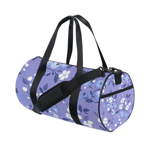 BOESI Doodle Blueberry and White Flower Travel Gym Bag, Lightweight Sports Bag, Hand-carrying and Shoulder-carrying, Suitable for Men and Women