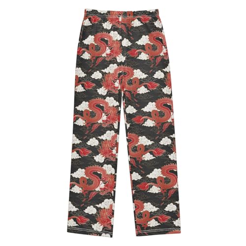 Fire Dragon and Cloud Boys Long Pants Soft Trousers Elastic Waist Kids Lounge Bottoms with Pockets S-XL