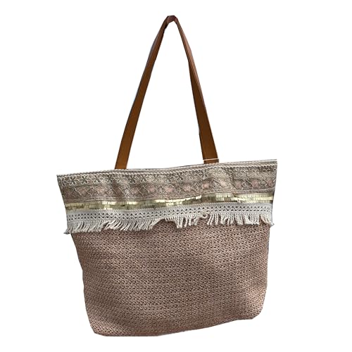 Bolso Mujer De Paja Rafia Para Verano Playa, Capazo De Esparto Mimbre Hecho a Mano, Cesta Totte de Hombro Grande Natural Estilo Étnico Bohemio Ecológico Tira Dorada