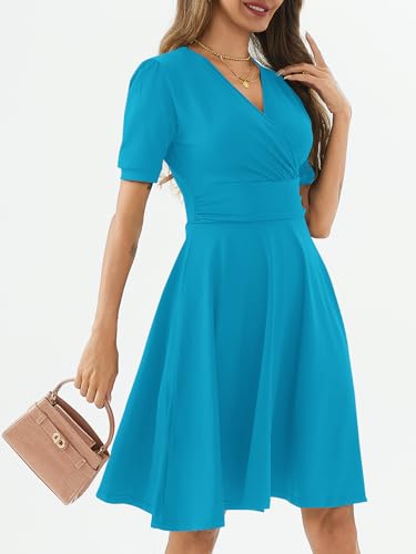 Image of Women's Summer Casual Dress Short Sleeve Wrap V-Neck A-Line Dress Sundress Wedding Guest Cocktail Midi Dresses