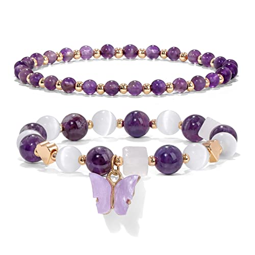 GolbalJew Natural Amethyst Bracelet For Women Purple Butterfly Charm Healing Crystal Beads Bracelets Layered Jewelry Stone Beaded Bracelet Gifts For Women