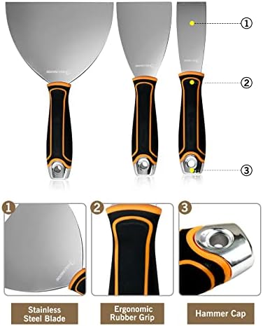 ROLLINGDOG Wallpaper Scraper Tool Set 3PCS - Stainless Steel Filling Putty Knives with Ergonomic Rubber Handle for Wall Decoration(1.5",3",6")