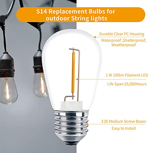 Meconard 24 Pack Led S14 Replacement Light Bulbs, Shatterproof Outdoor String Light Bulbs, 1 Watt To Replace 11Watts Incandescent Bulb, E26 Regular Medium Screw Base, 2200K Warm White, Non-Dimmable #TOP3