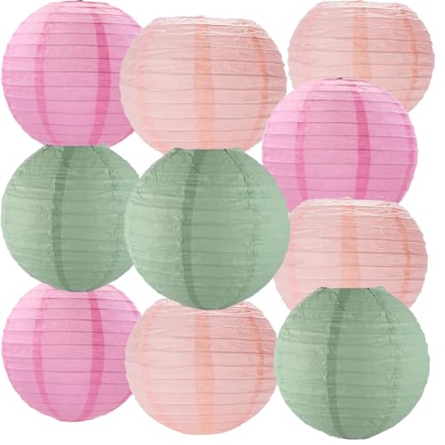 We Moment 10pcs Sage Green Pink Paper Lanterns,Boho Round Hanging Paper Lanterns Decoration for Birthday,Wedding,Baby Shower Decoration