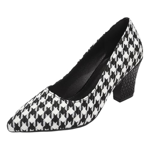 Women's Houndstooth Pattern Pumps, Block Heel, Pointed Toe, Black and White