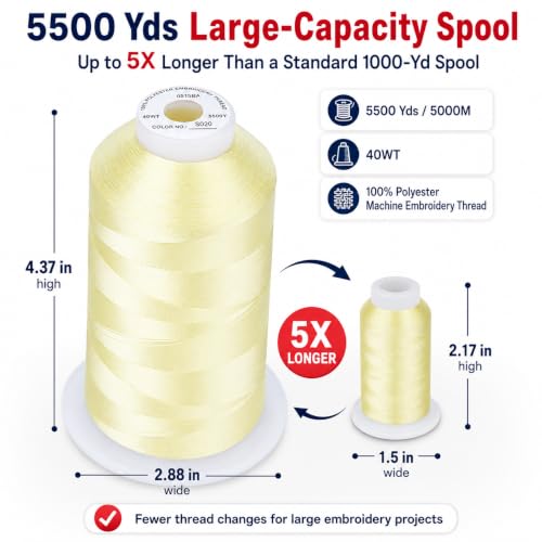 Image of Simthread 5500Yds /5000M 40WT Polyester Embroidery Thread Soft Lemon S020 | High-yardage 5000M spool offers smooth feeding and stable 40WT polyester thread for home and commercial embroidery machines.
