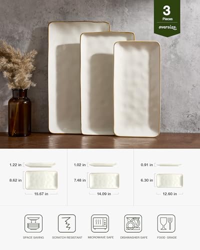 Famiware Serving Platter, Rectangular 15.67/14.1/12.6inch Serving Dishes for Entertaining, Microwave Dishwasher Safe, Stoneware Serving Trays for Party, Turkey, Cheese, Ocean Series, Vanilla White - Image 3