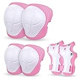 Knieschoner Set Kinder Inliner 6 in 1 mit Tasche, Fahrrad Fussball Ellbogenschützer Schützer Verstellbar Knieschützer, Handgelenkschoner für 3-14 Jahre Teenager Skaten Roller Skateboard (Rose)