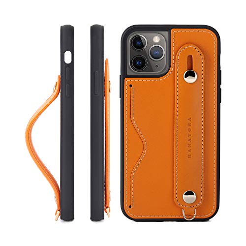 HANATORA,IPhone 11Pro グリップケース レザー 本革 ストラップ付属 イタリア製牛革 ヌメ革 片手操作 カード収納 スタンド機能 メンズ レディース オレンジ CGH-11Pro-Orange