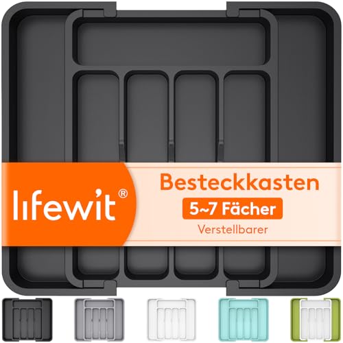 Lifewit Besteckkasten für Schubladen 30 40, Kunststoff Besteckeinsatz (Tiefe 32 cm), erweiterbare Besteckschublade Einsatz, Schubladen Organizer Küche für Besteck, Cutlery, Geschirr, Löffel, Schwarz