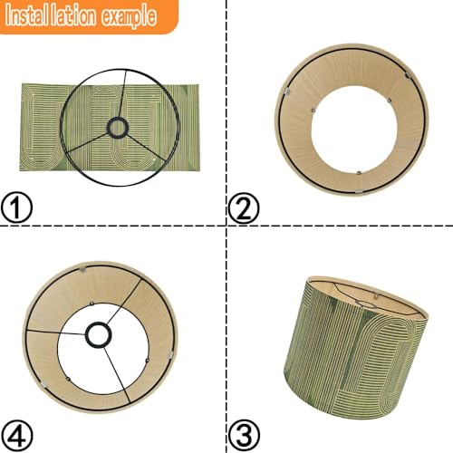 Image of Rustic Bamboo Drum lamp Shade for table lamps and floor lamps with Decorative Geometric Green Figure, ideal for living room bedroom, easy assemble, size 11.8Inch*9Inch