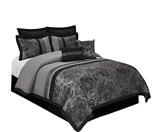 BEDnLINENS 8 Piece Comforter Set King - Burgundy Jacquard Fabric Patchwork - Tang Bed In A Bag - Soft Texture,Smooth,Good Drapability - 1 Comforter,2 Shams,2 Euro Shams,2 Decorative Pillows,1 Bedskirt