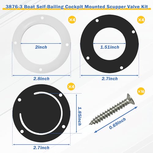 Image of 4Pack 3876-3 Boat Self-Bailing Cockpit Mounted Scupper Valve Kit 2-7 /8 inch