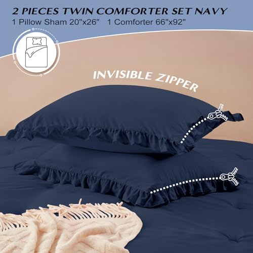 Image of HARBOREST Twin Comforter Set Navy - Ruffle Comforter for Twin Size Bed, Fluffy Twin Size Comforter Set for All Seasons, 2 Pieces Shabby Chic Bedding Comforter Sets(1 Comforter & 1 Pillow Sham)