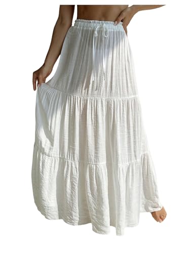 OYOANGLE Women's Beach Cover Up Skirt Drawstring Tiered Maxi Skirt Swimsuit Coverups