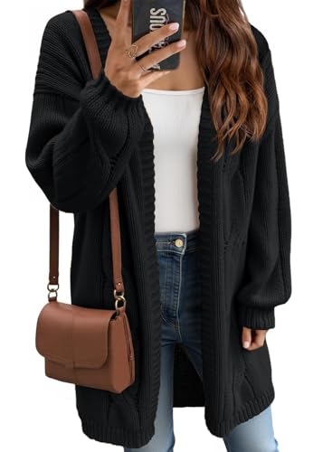 Saodimallsu Womens Fall Cable Long Cardigans Lantern Sleeve Knit Open Front Chunky Loose Fit Sweater Coats