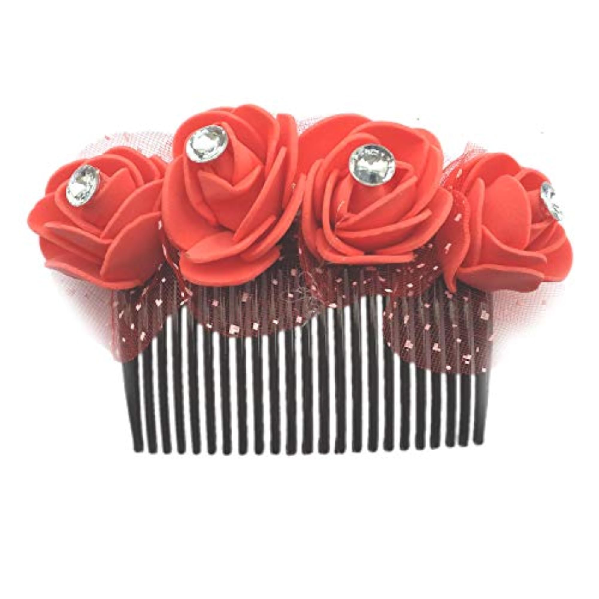Red Rose Flower Gajra Juda Comb Pin Clip for Bridal Wedding