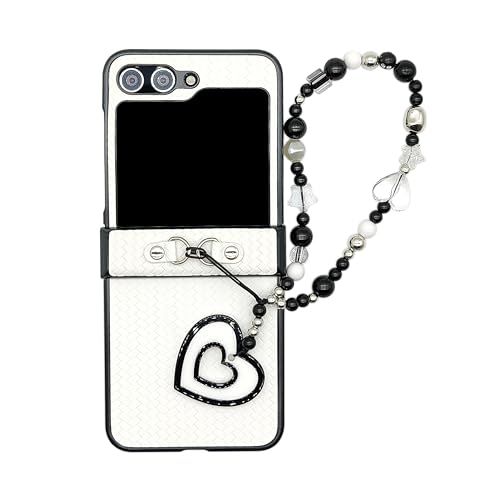 casafyne for Samsung Galaxy Z Flip 5 Case with Heart Theme Phone Charm, Classical Folding PU Leather Slim Shockproof Cover for Samsung Z Flip 5 (Love White)