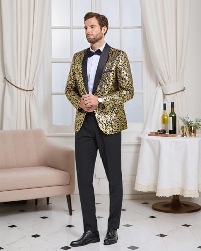 YND Men's 2 Piece Slim Fit Suit Set, One Button Shawl Lapel Floral Pattern Party Blazer, Jacket Pants with Bow Tie2