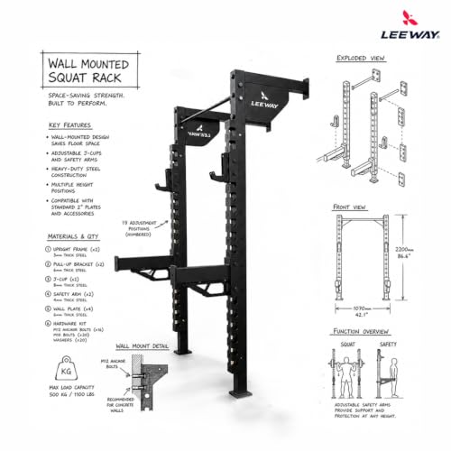 Image of Leeway LF 106 Wall Mounted Squat Rack with Pull Up Bar | Heavy Duty Power Rack, Barbell Stand, Bench Press Stand for Home Gym | 500 KG Capacity, High Jump Power Cage | Made in India (Black, SQ LF106 - Wall Mounted)