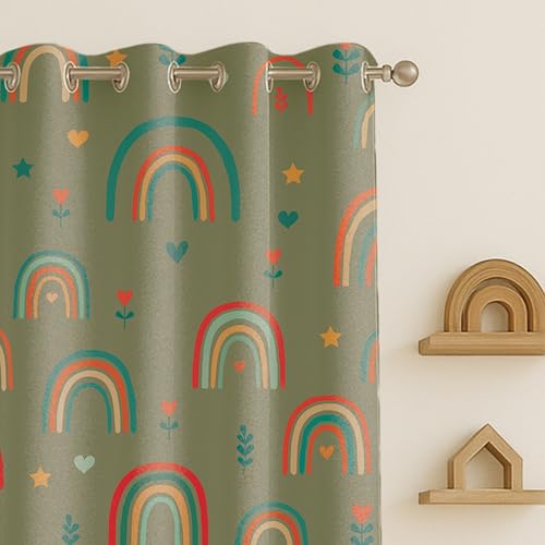 Image of STITCHNEST Velvet Kids Curtains Pack of 2 | Colorful Rainbow & Heart Print | Semi Blackout Curtains for Nursery, Toddler & Playroom | 5 Feet