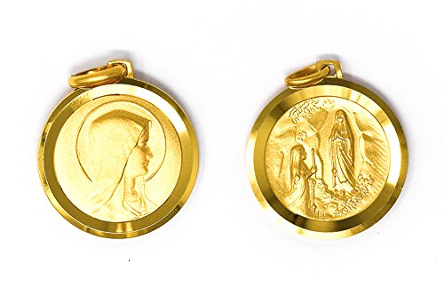 Médaille de Lourdes pendentif doré double face avec sa carte de prière catholique
