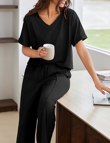 Image of Ekouaer Pajamas for Women Set 2 Piece Short Sleeve Tops with Long Pants V Neck Soft Pjs Casual Lounge Set with Pockets