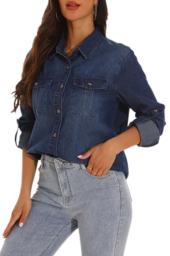 GUANYY Womens Denim Button Down Shirt Long Sleeve V Neck Jean Shirts Western Chambray Blouse Top3